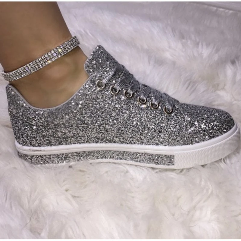 Женская Вулканизированная обувь кроссовки шикарная для девочек Блестящие