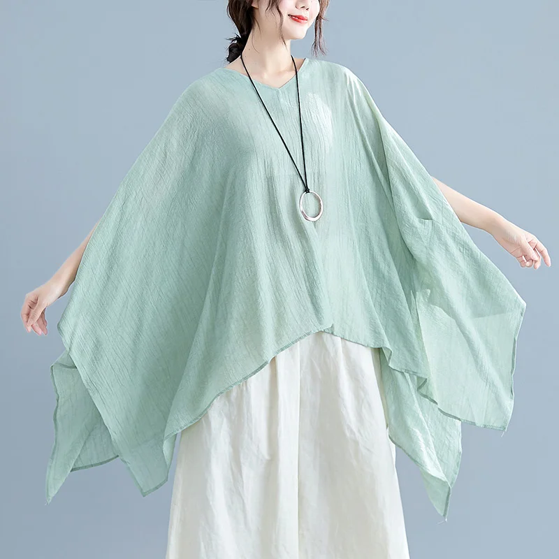 

Summer Loose Bat Shirt Tops Womens Clothing m2022 Summer New Mid-length Female Light Green Irregular Casual Cloak Blouse aq753