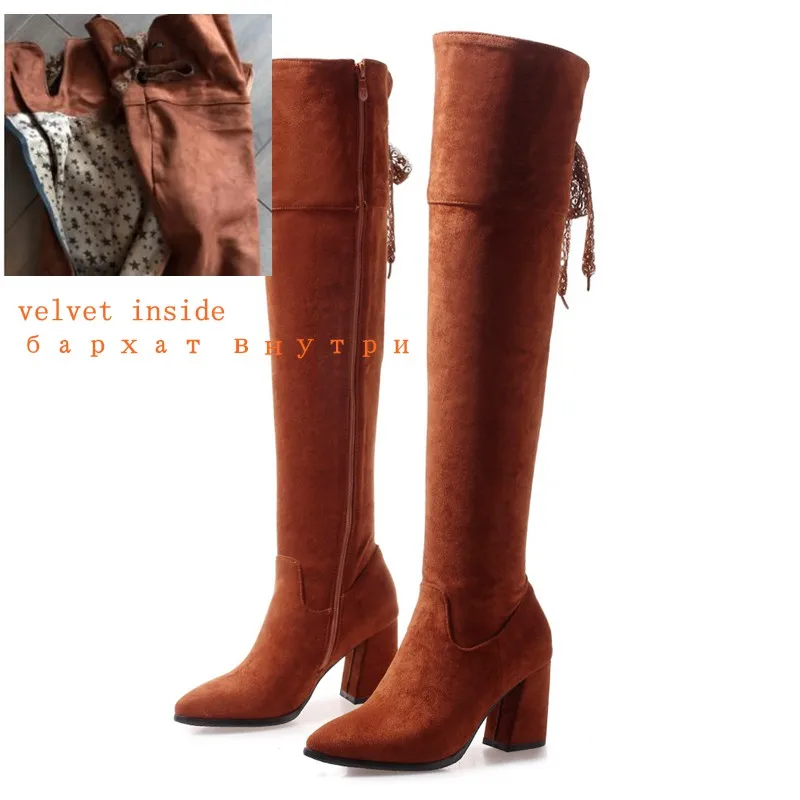 Yellow velvet REAVE CAT/обувь женские сапоги на высоком каблуке женские Сапоги выше колена Zapatos de mujer, на молнии, с перекрестной шнуровкой, из флока, с острым носком,, A1465 - Цвет: Yellow velvet