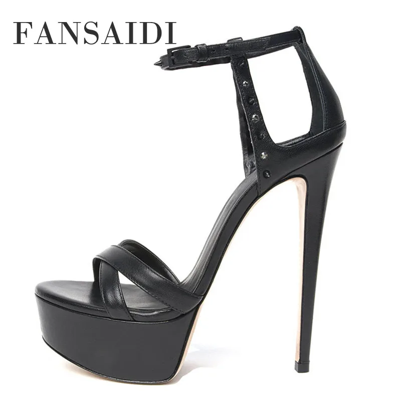 

FANSAIDI Summer Fashion Women's Shoes Elegant Consice Rivets Waterproof Shoes Apricot New Narrow Band Sexy Sandales 43 44 45 46