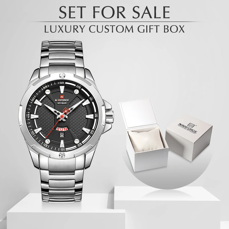 

Часы наручные NAVIFORCE Мужские кварцевые, брендовые Роскошные модные, с браслетом из нержавеющей стали, серебристые чёрные