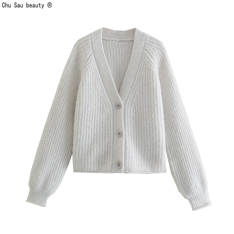 

2021 Autumn New Fashion College Style Single Breasted Casual V-Neck Loose Knitting Cardigan Sweater Women Solid Color Female