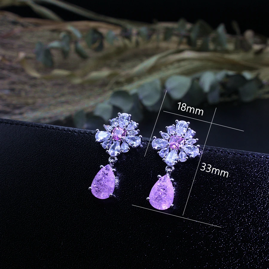 Винтажный цветок в капле Длинная подвеска и серьги-подвески для женщин Кристалл