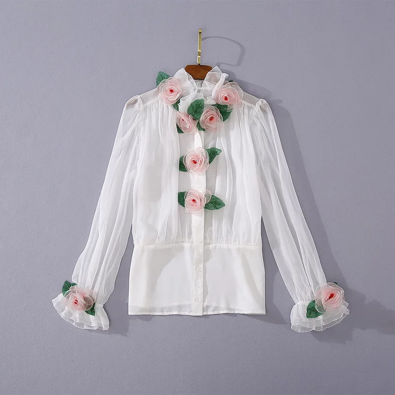 

Женская одежда в европейском и американском стиле, Новинка лета 2020, стильная декоративная Модная рубашка с длинным рукавом и трехмерными цв...