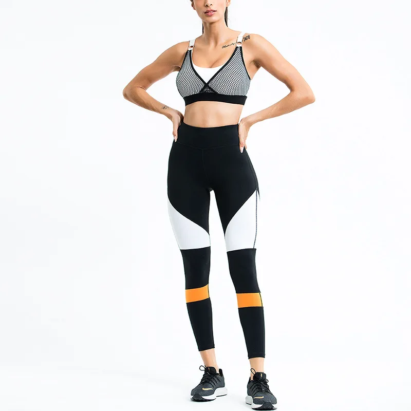 

Yoga Suit Women Europe And The United States New Sport Clothing Woman's Fast Dry Esh Yarn Hit Color Stitching Hip Fitness Set
