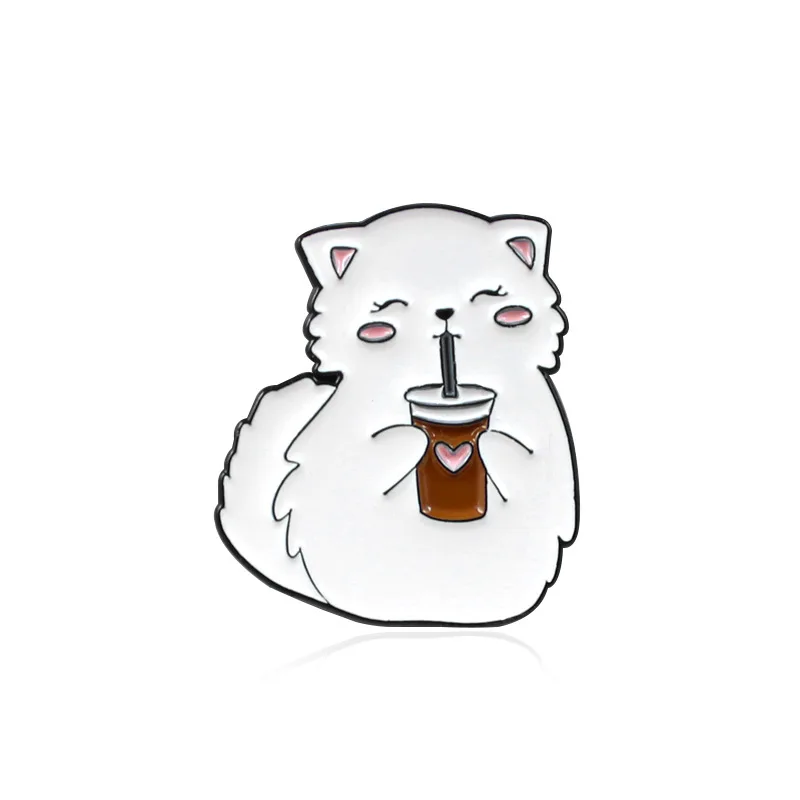 

Cartoon Cute White Fat Cat Happy Drinking Love Lemon Tea Creative Enamel Pins Backpack Clothes DIY Badge Brooch