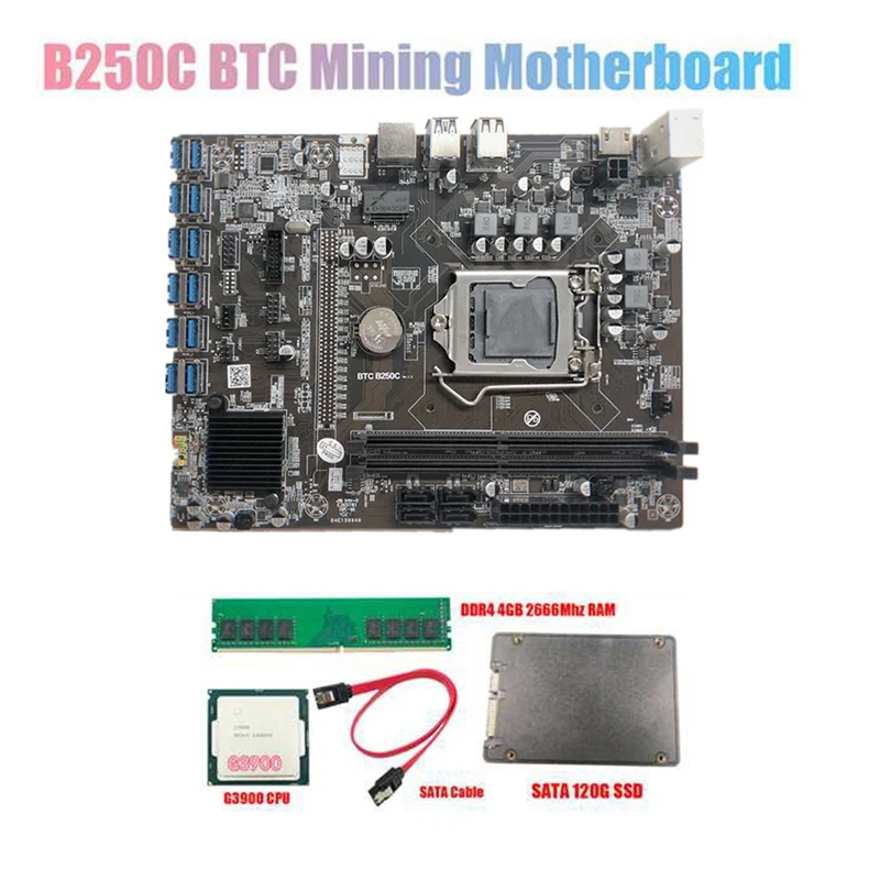 

Материнская плата B250C для майнинга BTC с процессором G3900 + DDR4 4 Гб 2666 МГц ОЗУ + 120G SSD + кабель 12xpcie в Разъем для карты USB3.0 для BTC