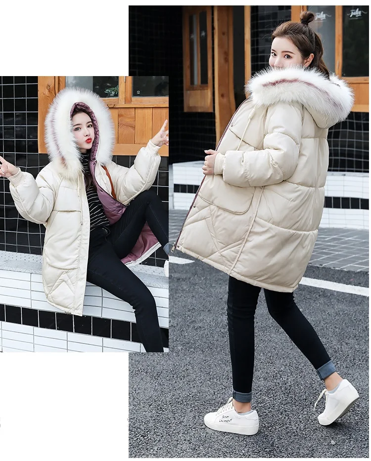 Зимнее женское пальто с большим меховым воротником, длинная пуховая куртка с капюшоном, большие размеры, свободные женские пуховики с капюшоном, теплые толстые парки