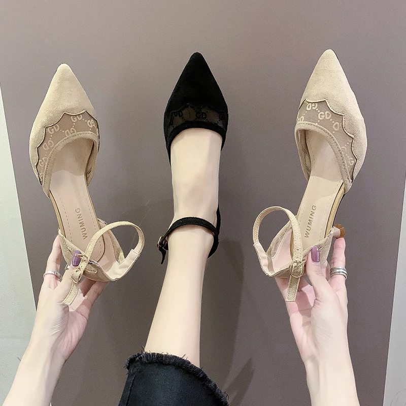 

French High- Heeled Shoes Rice Lace Buckle Women 's Shoes Spring and Autumn Shoes 2020 Fine Heel Cat and Pointed Black Pumps PU