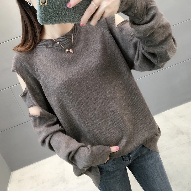 

442644 real photo off shoulder raglan sleeve round neck knitting sleeve sweater [zone 28]2019ag