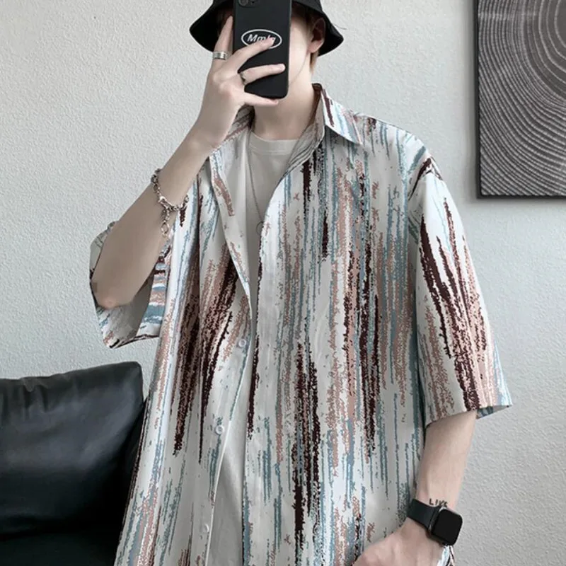 

Summer Thin Short-sleeved Shirt Men's Fashion Retro Printing Casual Shirt Men Streetwear Korean Loose Hip-hop Stripe Shirts Mens