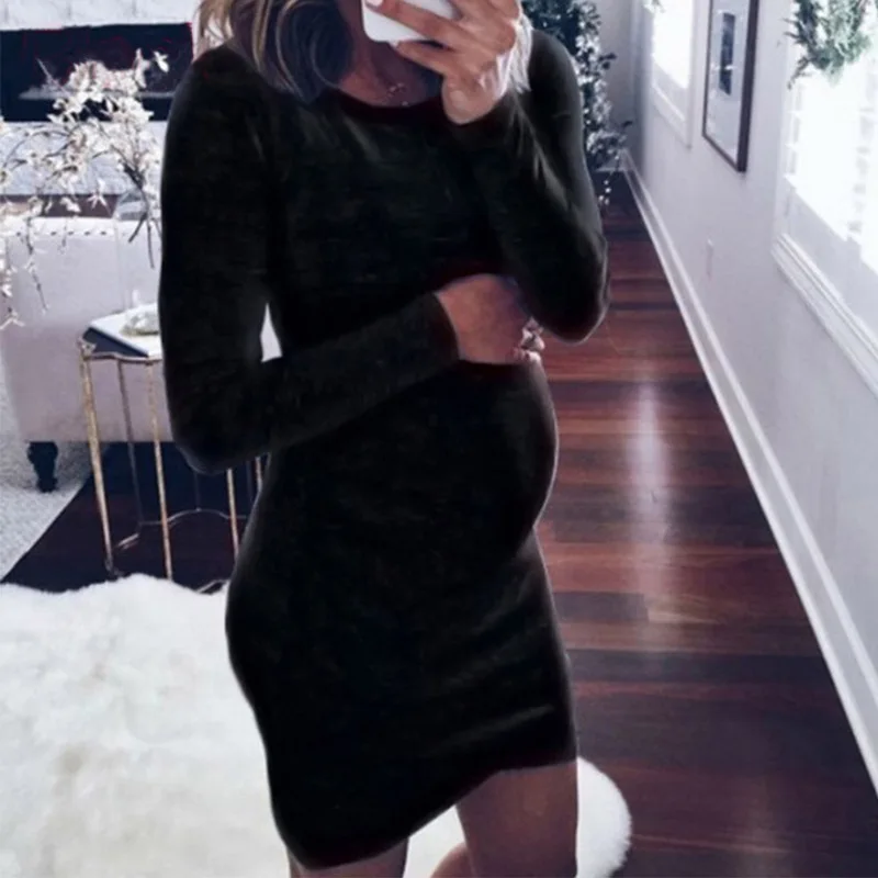 Платье для беременных с длинным рукавом и круглым вырезом комфортное платье