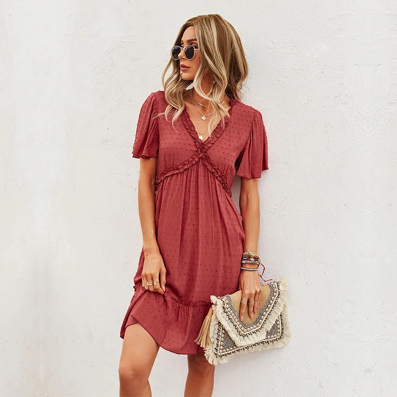 

Женское платье в горошек, повседневное однотонное платье с V-образным вырезом и коротким рукавом, с высокой талией, весна-лето 2021