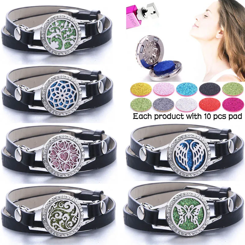 Новые браслеты для ароматерапии черные кожаные стальные медальоны эфирных масел