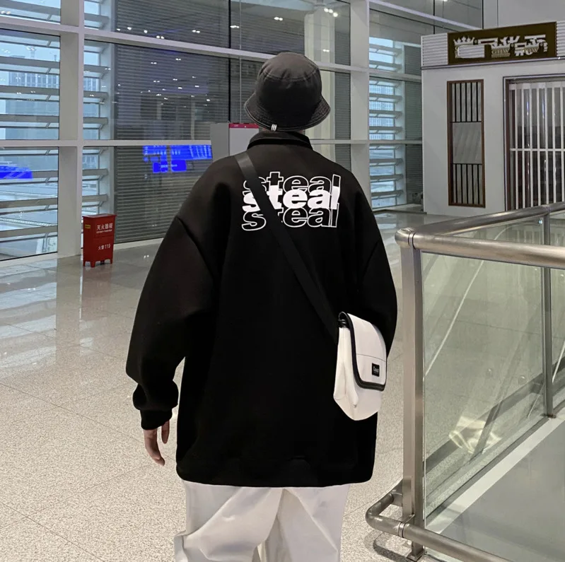 

2021 Spring And Autumn New Youth Popular Men's Loose Simple Print Lapel Sweatshirt Fashion Casual Pullover Black/Gray