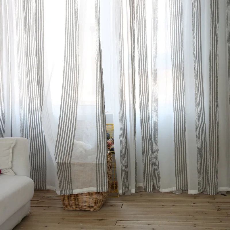 Серые льняные прозрачные тюлевые шторы для гостиной полосатые современные