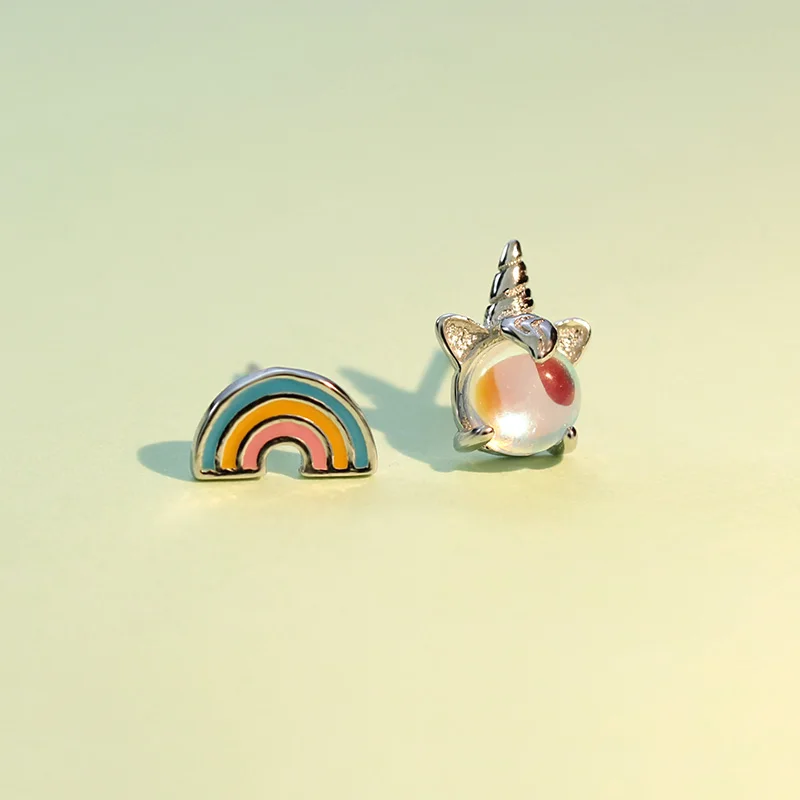 ElfoPlataSi 100% 925 Solid Real Sterling Silver Unicorn&amp Rainbow Stud Earring For Women Girl Gift Fine Jewelry Brincos ED131 | Украшения