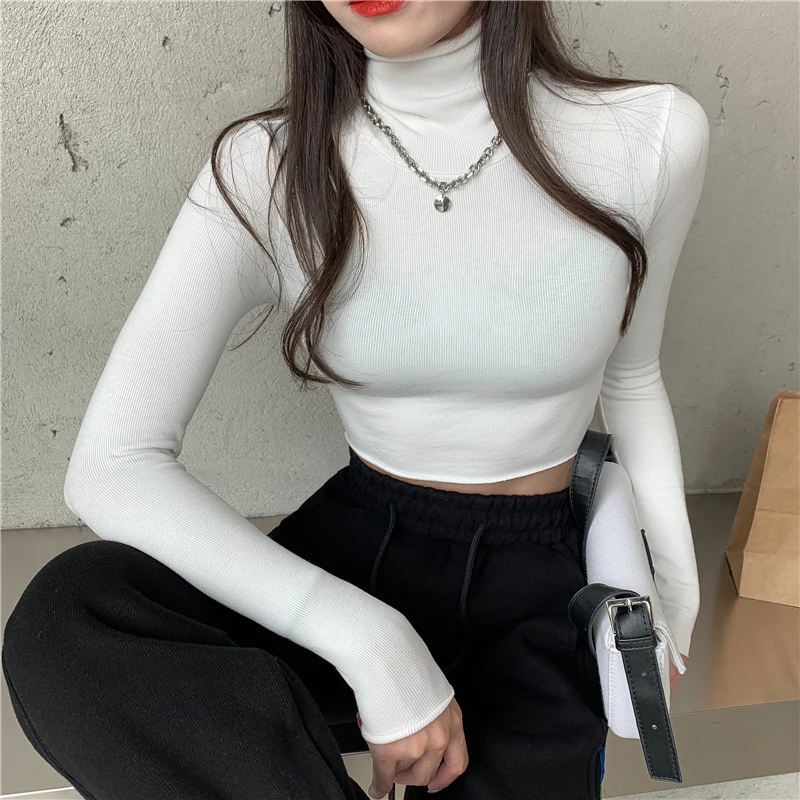 

Solid Color Knitted Bottoming Shirt Women Spring and Autumn Casual Slimming Short High Neck Long Sleeve T-shirt Pullover Tops