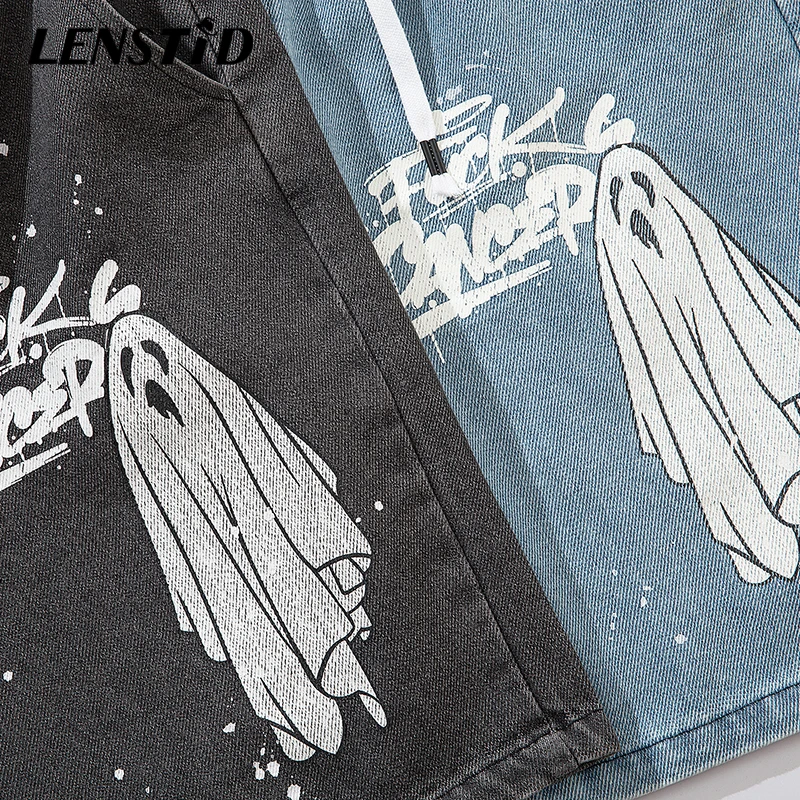Джинсовые шорты LENSTID мужские в стиле хип-хоп уличная одежда с принтом Призрака и