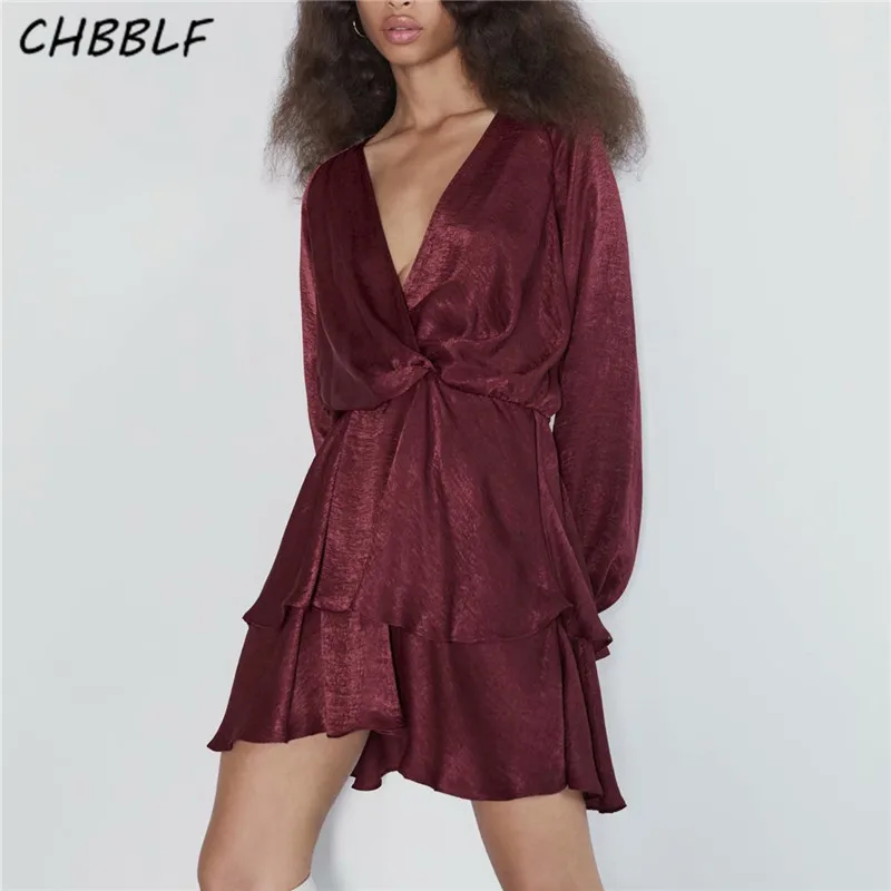 

CHBBLF women retro solid V neck mini dress long sleeve elastic waist female casual vintage dresses solid loose vestidos BGB9575