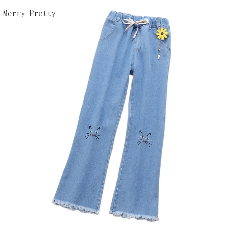 

blue cartoon cat embroidery Waist Washed Casual Denim Jeans Woman 2021 spring new Ladies Basic pockets Trousers
