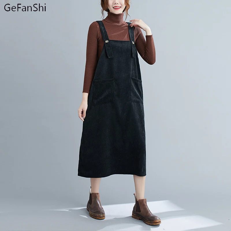 

2022 New Autumn Winter Women Dress Vintage Corduroy Strap Dress Casual Loose Fashion Office Elegant Ladies Dresses Clothing
