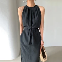 korean chic summer dress simple hanging neck sexy dress pleating off shoulder lace up waist split dress little black skirt