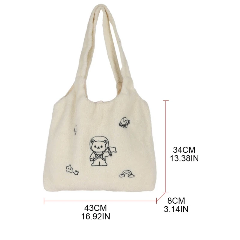 

New Winter Plush Shoulder Bag Women Soft Tote Embroidery Large Capacity Shopper Shopping Bag