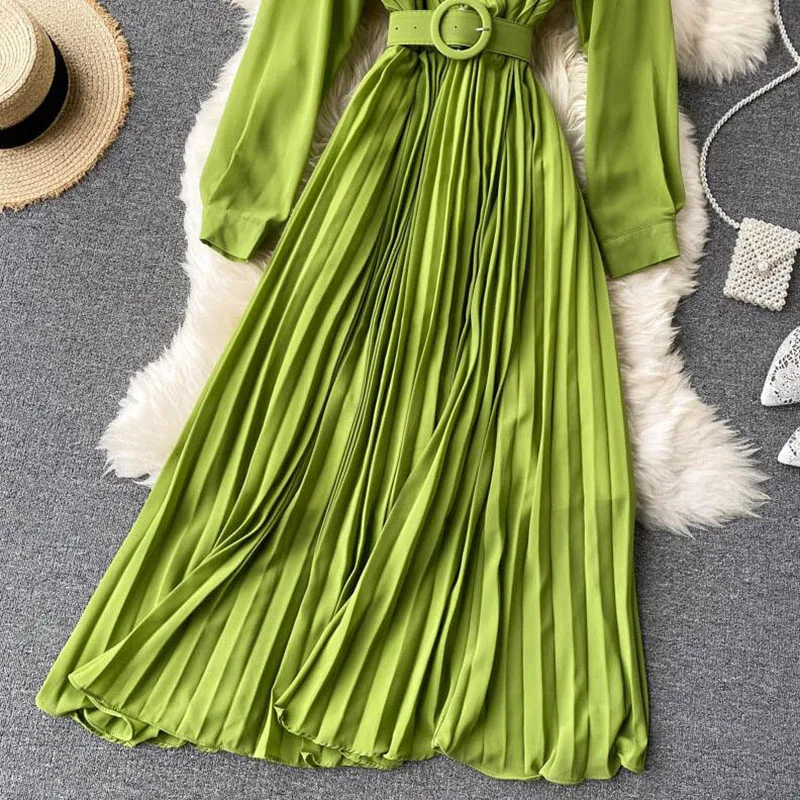 

2021 New Spring V Neck Solid Slim Vintage Dress Long Sleeve High Waist Elegant Women Long Dress Fashion Pleated Bandage Vestidos