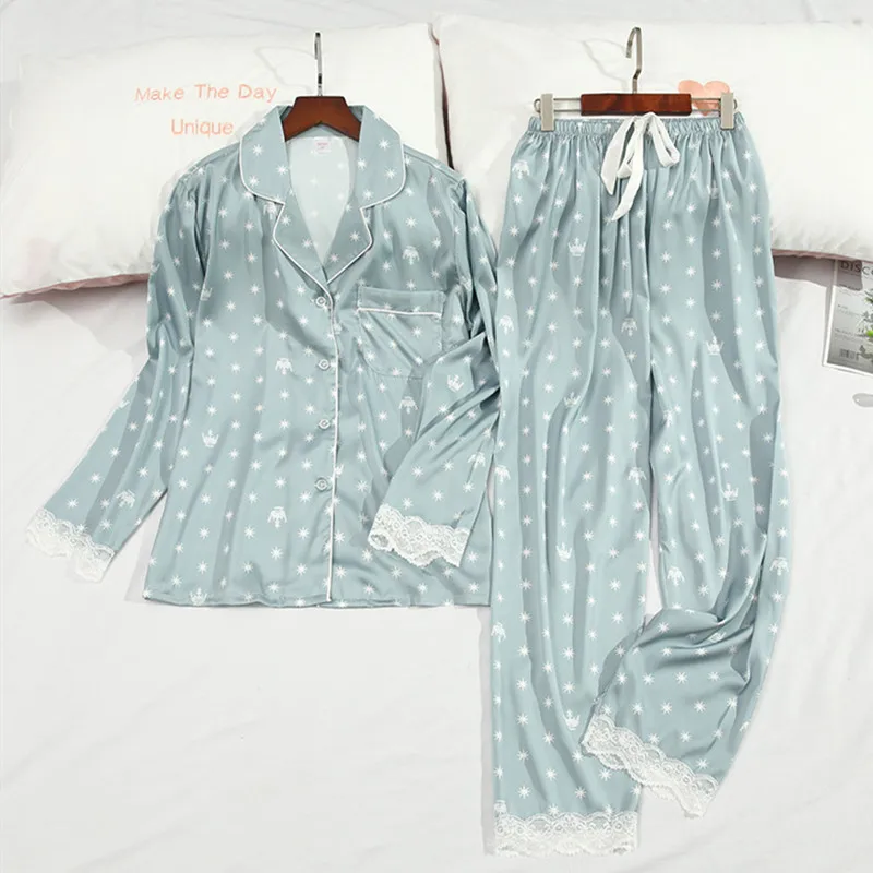 

Daeyard Faux Silk Pajama Set Women Overall Printed Satin Sleepwear 2 Pieces Floral Pyjamas Long Sleeve Nightwear Pj Set Homewear