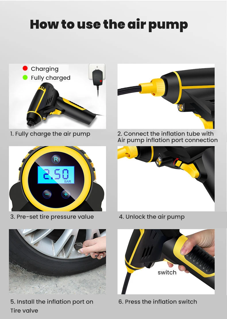 

Portable 12V Car Wireless Air Compressor Handheld Mini Tire Inflator Digital Inflatable Pump Pressure Gauge LED Flashlight Light