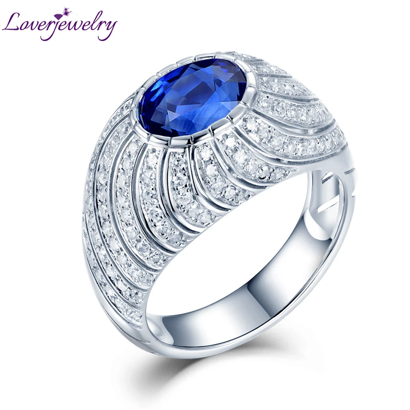 

LOVERJEWELRY Women Sapphire Rings Pure 18Kt White Gold Natural Blue Sapphire Diamonds Ring Jewelry for Femme Engagement Wedding