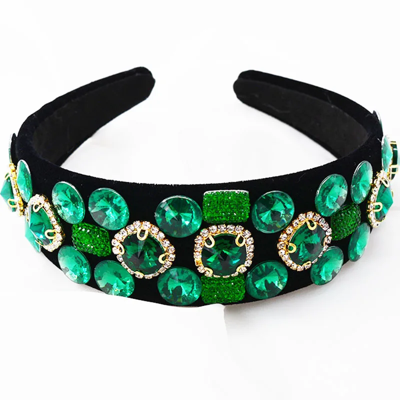 Повязка для волос женская тканевая повязка на голову с зелеными бусинами и