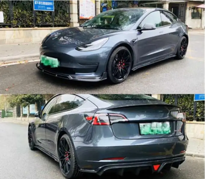 Jual Penutup Diffuser Bibir Bumper Belakang Depan Serat Karbon & Rok Samping & Pisau Angin & Spoiler Untuk Tesla Model 3 2018 2019 2020 2021