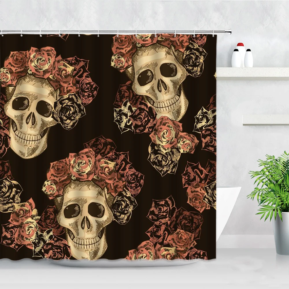 

Flowers Skull Shower Curtain Set Watercolor Pink Floral Skeleton Creative Design Party Wall Decor Bathroom Waterproof Curtains