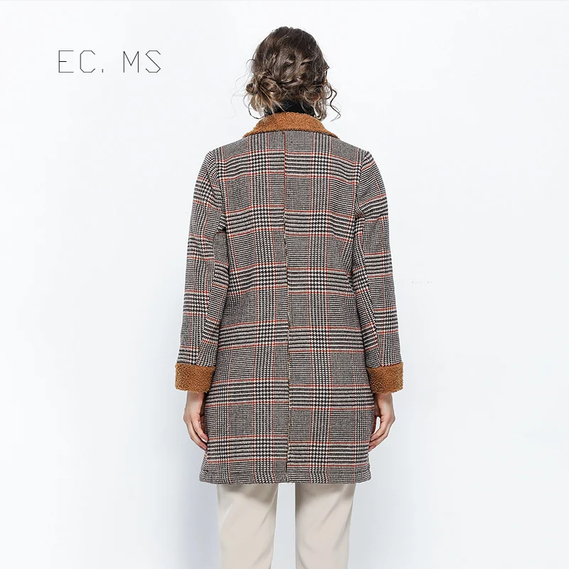 Зимнее шерстяное пальто в клетку Женская Теплая Флисовая EC.MS верхняя одежда для