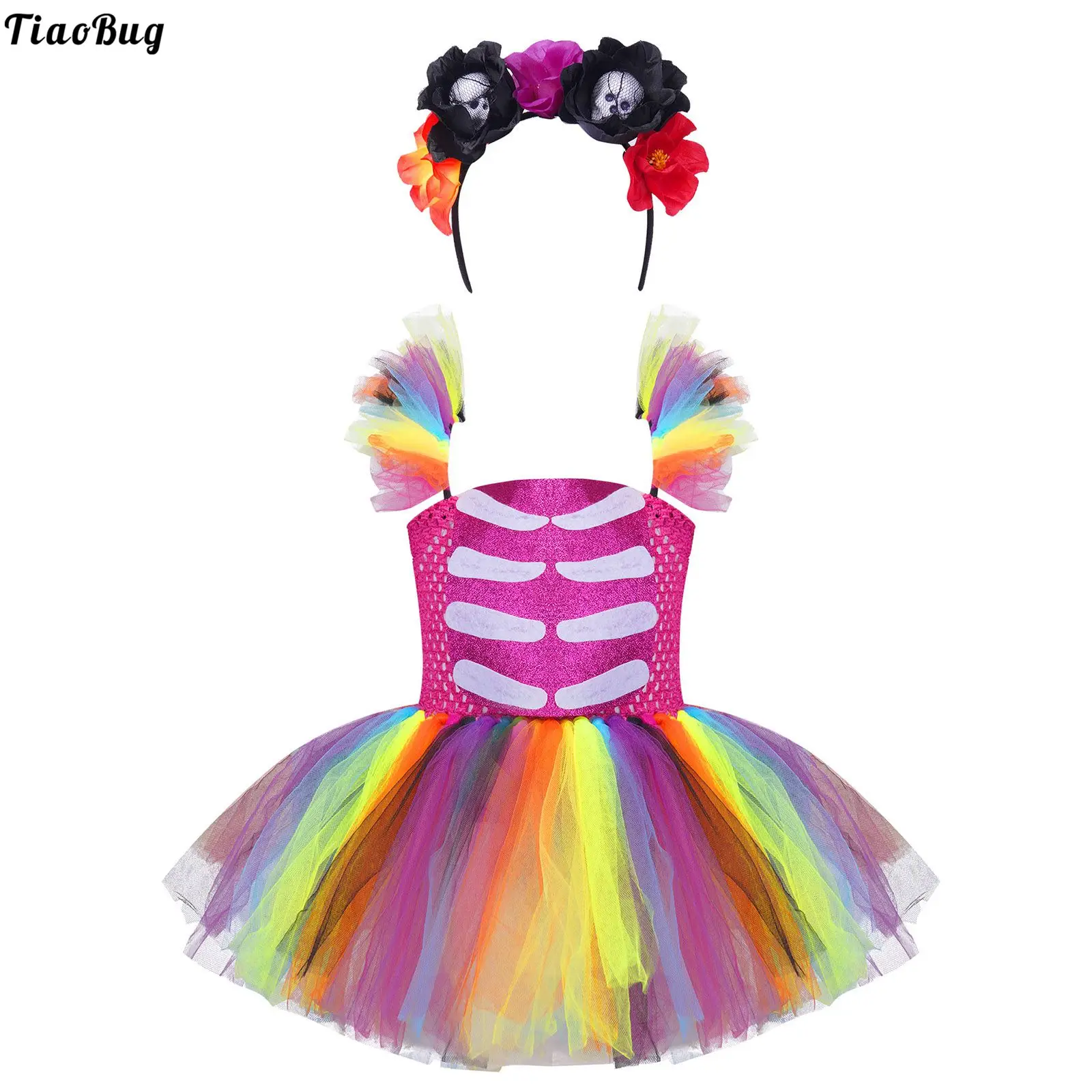 

Детские костюмы TiaoBug для косплевечерние на Хэллоуин для девочек, карнавальные костюмы, ремешки, аппликация в виде скелета, радуга, искусстве...