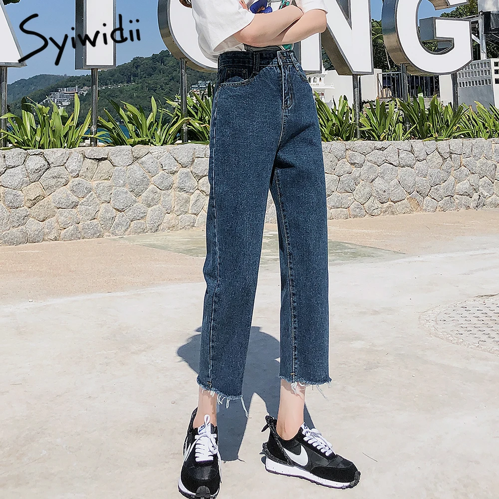 Джинсы mom с высокой талией черные белые небесно-голубые джинсовые брюки эффектом