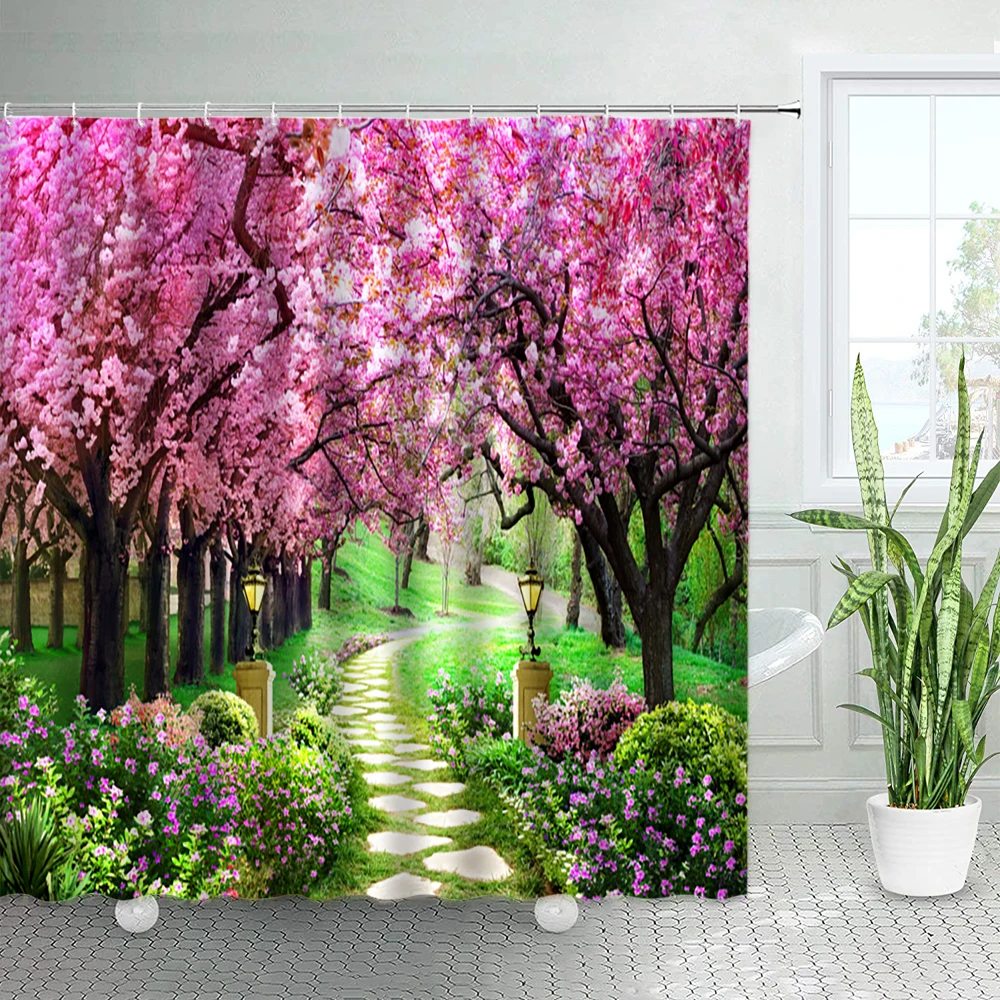 spring rural landscape shower curtains set pink flowers tree forest natural floral green plant scenery with hooks bathroom decor free global shipping