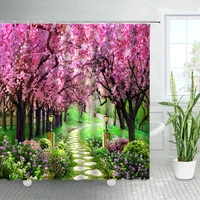 Spring Rural Landscape Shower Curtains Set Pink Flowers Tree Forest Natural Floral Green Plant Scenery With Hooks Bathroom Decor