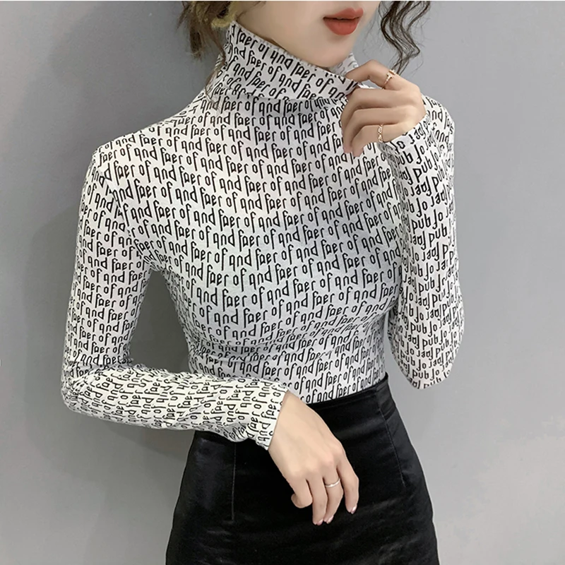 

bottoming Tshirts Female fashion Skinny letter print T-shirt 2020 Turtleneck casual Tops elegant T shirt Woman Autumn Clothes