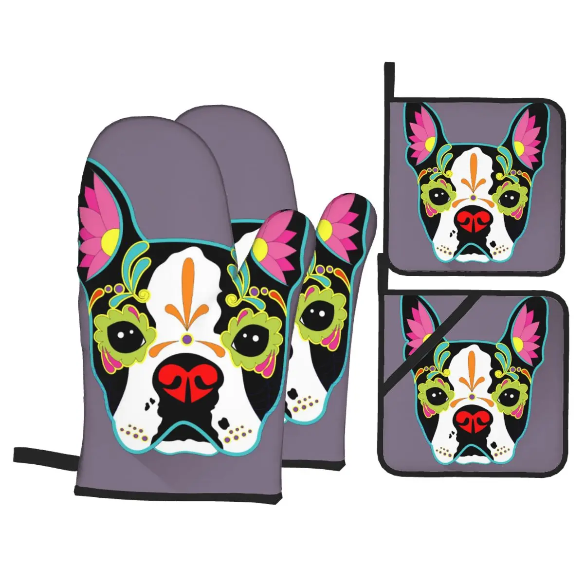 

4 Pieces Polyester Kitchen Cooking Microwave Gloves Day Of The Dead Dog Heads Baking BBQ Potholders Oven Mitts