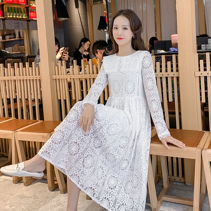 

Maternity Hollow Out Lace Dress Long Sleeve Solid Color Large Doll collar Dress With Lining Pregnant Women Cotton Clothes