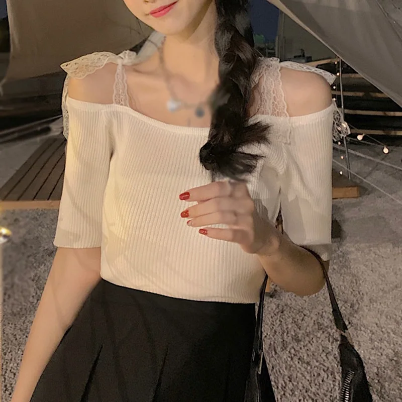 

Летние пикантные топы, Женская облегающая футболка с коротким рукавом, Однотонная футболка с воротником-лодочкой, топы, женские вязаные пуп...