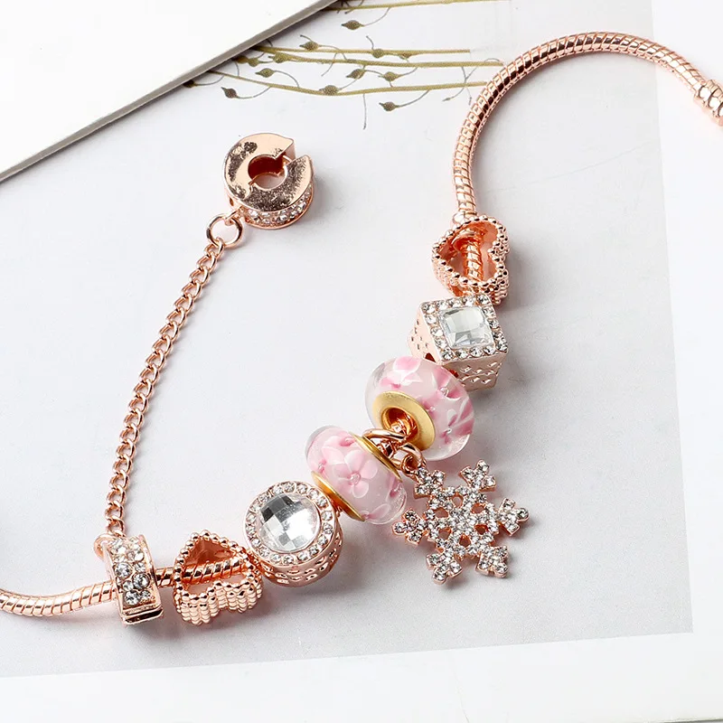 

Rose Gold Fit Pandoras handmade Snowflake pendant bracelet Glass Charm beads jewelry 925 silver crystal bracelet for women gifts
