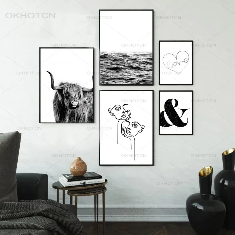 Абстрактный черный и белый постер с изображением быка океана Настенная картина в