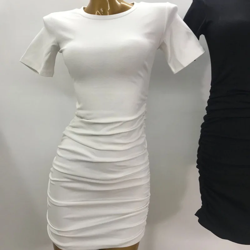 

XUXI Women Spring Summer 2021 New Korean Pleated Waist Slimming Short-sleeved Buttocks Solid Color Mini Dress E1055