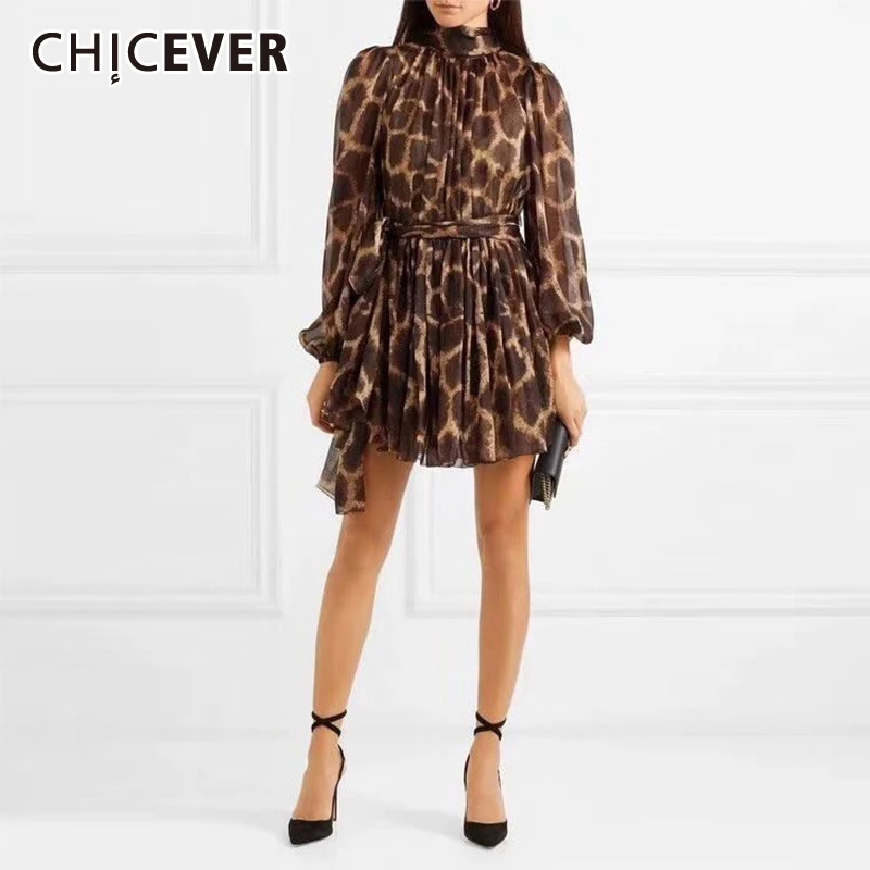 CHICEVER винтажное леопардовое Сетчатое лоскутное женское платье водолазка