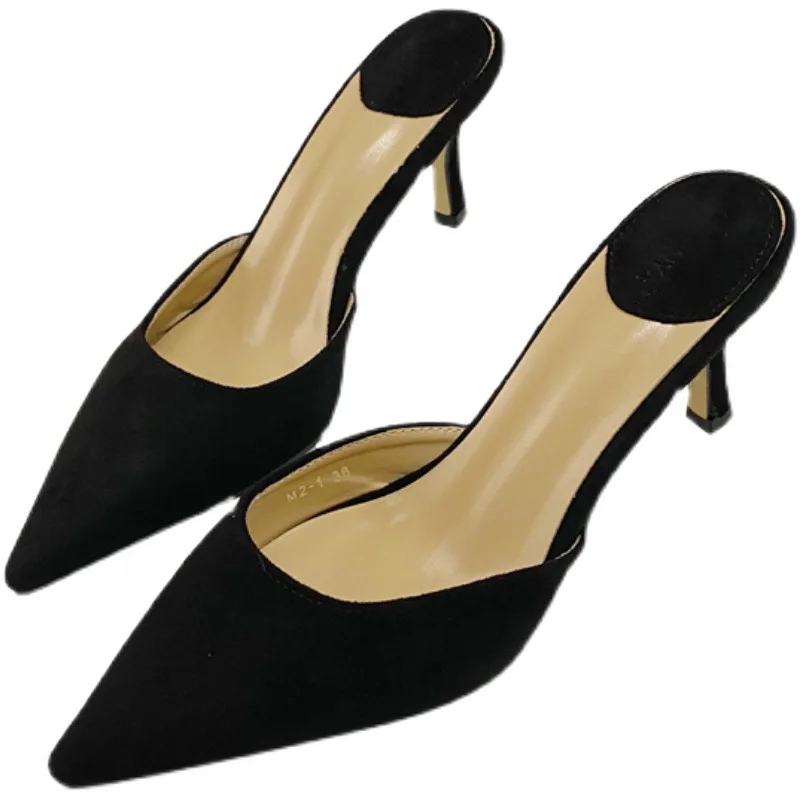 

Thin Heels Shallow Shoes Pointed Toe Heeled Mules Slippers Casual Slides Low Flock Slipers Women Cover High Luxury 2021 Fabric B