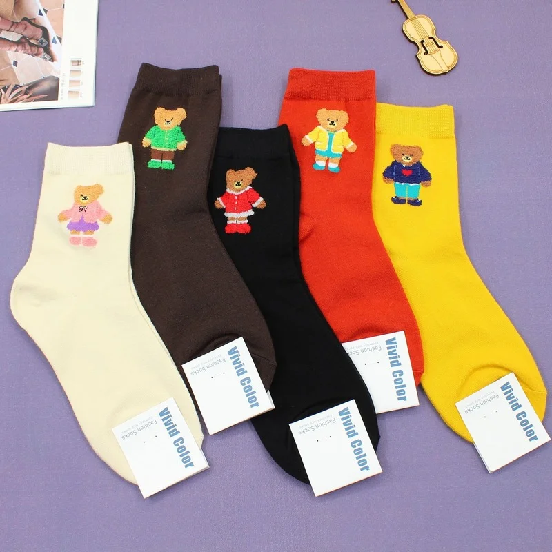 

Cartoon Women Socks Bear Cotton Sock Lovely Ladies Solid Color Unisex High Casual Soft Sox Girls Spring Autumn Trendy Skarpetki